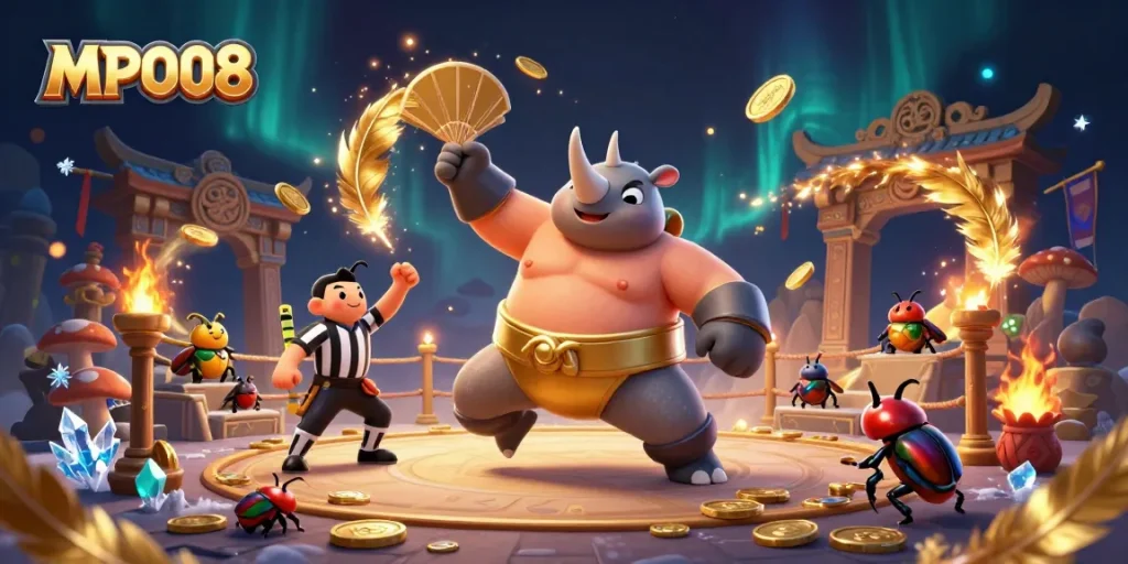 MPO08 unleashes exhilarating gameplay with the rhinoceros beetle champion amidst golden coins and lively betting elements.