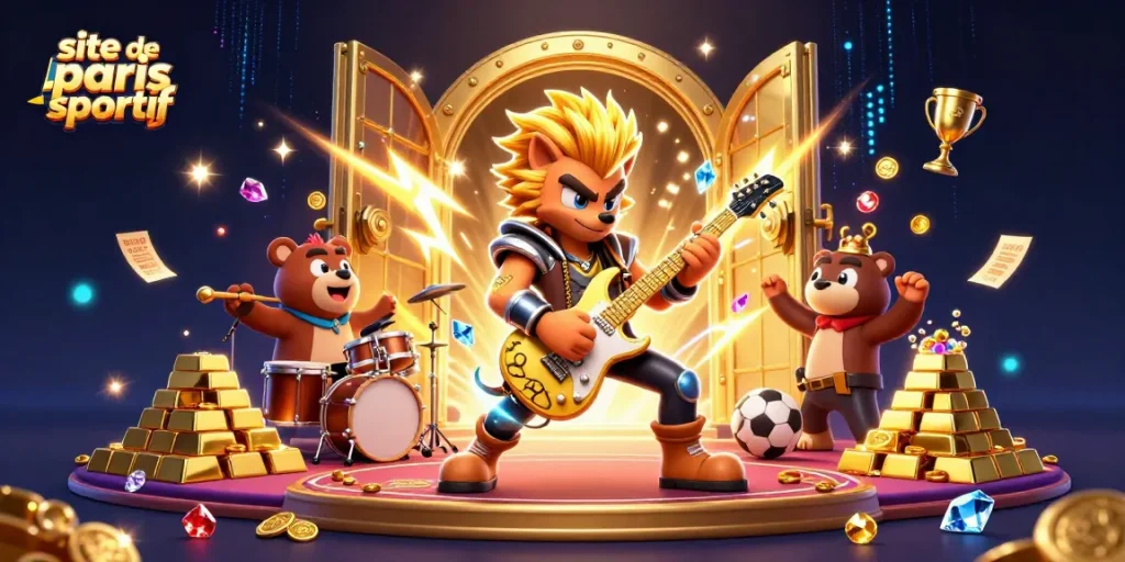 Scène dynamique de "site de paris sportif" avec un loup rock star et un ours batteur sur une scène de casino.