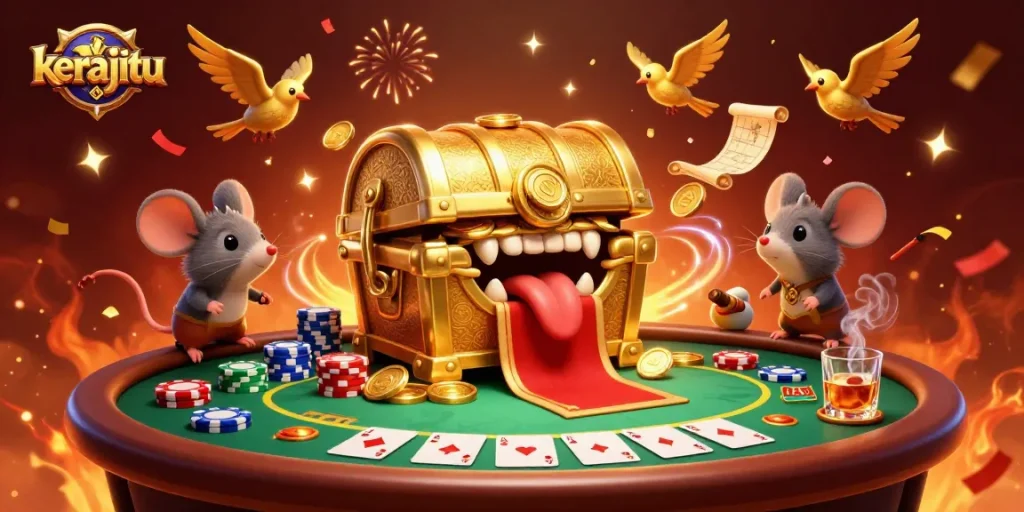 Engage with kerajitu's vibrant 3D illustration showcasing exciting poker and casino elements.