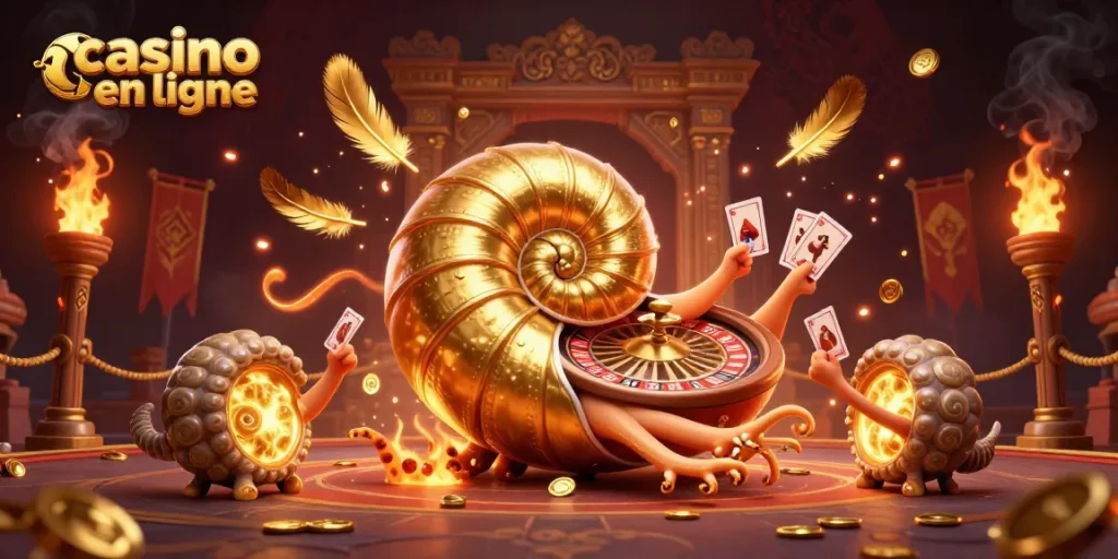 Visuel captivant de casino en ligne avec un nautilus géant et des cartes dans une ambiance riche d'éléments de jeu.