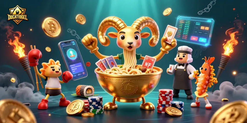 Experience the excitement of DUCATITOGEL with vibrant characters in a dynamic gambling scene.