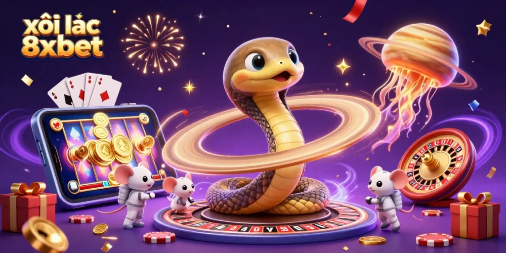 Bet and win with xôi lạc 8xbet as characters celebrate in a cosmic casino scene.