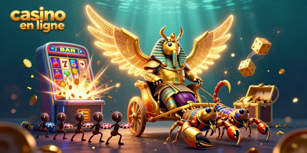 Jouez à casino en ligne avec une illustration 3D riche en symboles et jeux de hasard.