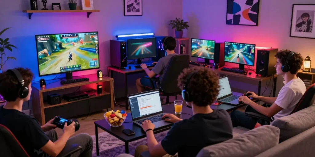 Engaging multiplayer gaming scene on CIKA4D, with friends enjoying online gameplay.