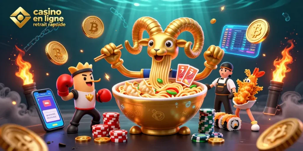 Illustration dynamique de casino en ligne retrait rapide mettant en scène un bol de ramen géant et des personnages engageants.