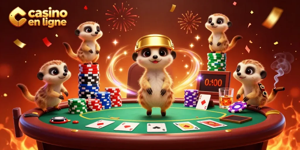 Le casino en ligne imaginaire géré par des suricates animés, avec tables et jetons colorés.