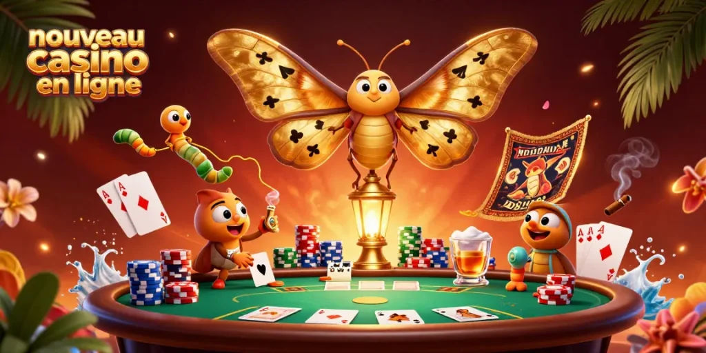 Explorez le nouveau casino en ligne avec une illustration 3D captivante et des éléments de jeu variés.