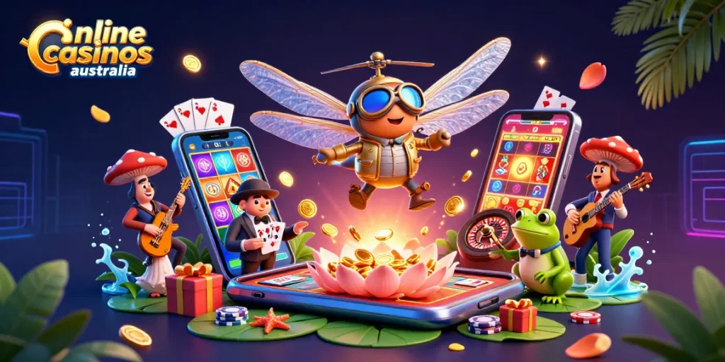 Engage with online casinos Australia in a vibrant 3D scene showcasing a dragonfly pilot, frog dealer, and jazz musicians.