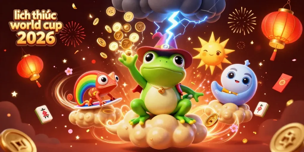 Experience the excitement of lịch thi đấu world cup 2026 as golden coins rain around engaging cartoon characters.