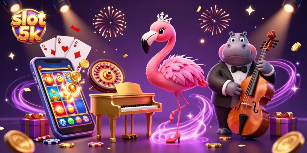 Win big on slot 5k with vibrant casino characters and dynamic games in an engaging illustration.
