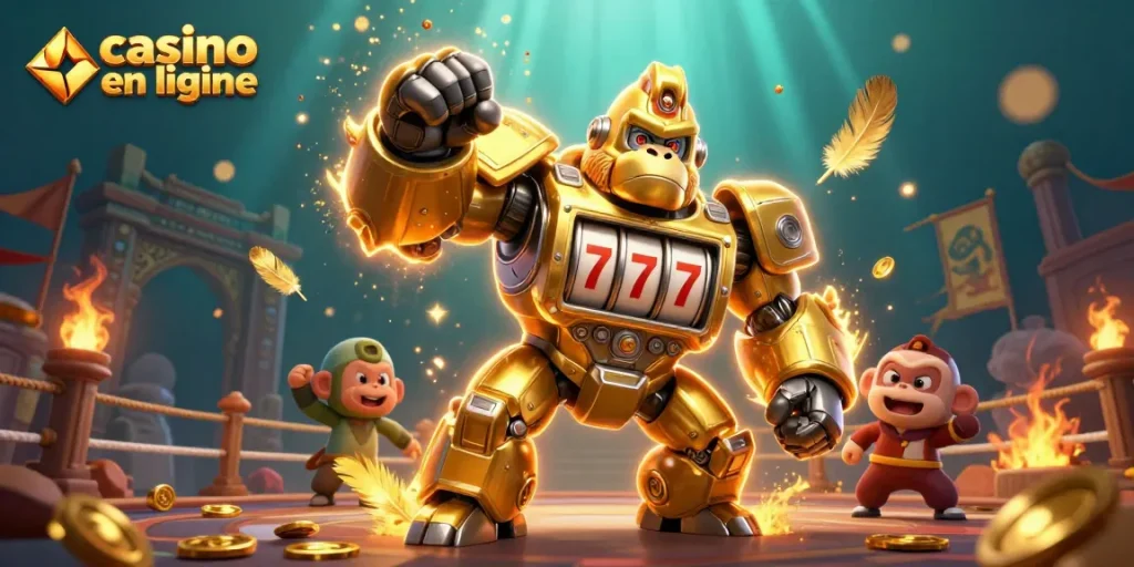 Plonger dans un univers captivant avec un casino en ligne, accompagné d'un gorille doré mech en pleine action.