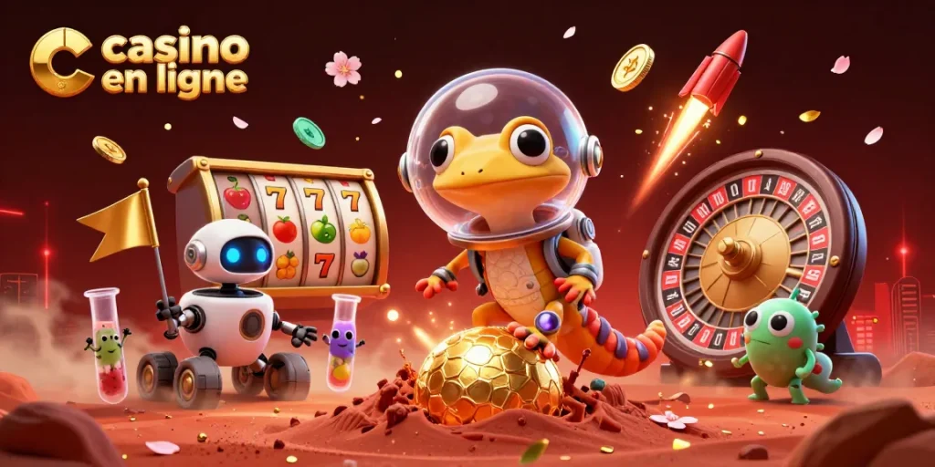 Casino en ligne vibrant avec un gecko martien découvrant un casino doré sur Mars, entouré d'éléments de jeu.