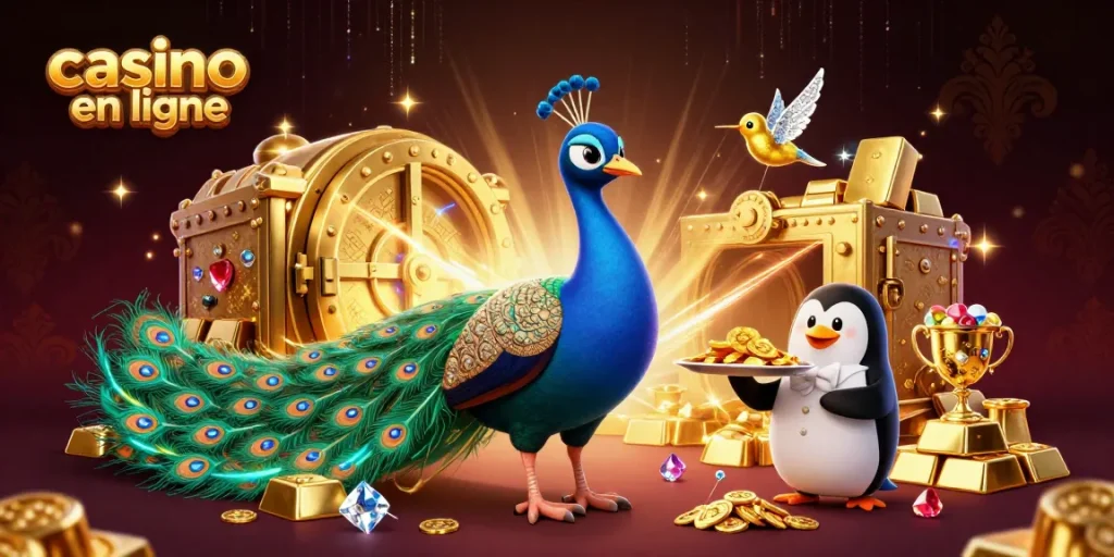 Illustration dynamique de casino en ligne avec un paon aristocratique, un pingouin majordome et un colibri, entourés de trésors étincelants.