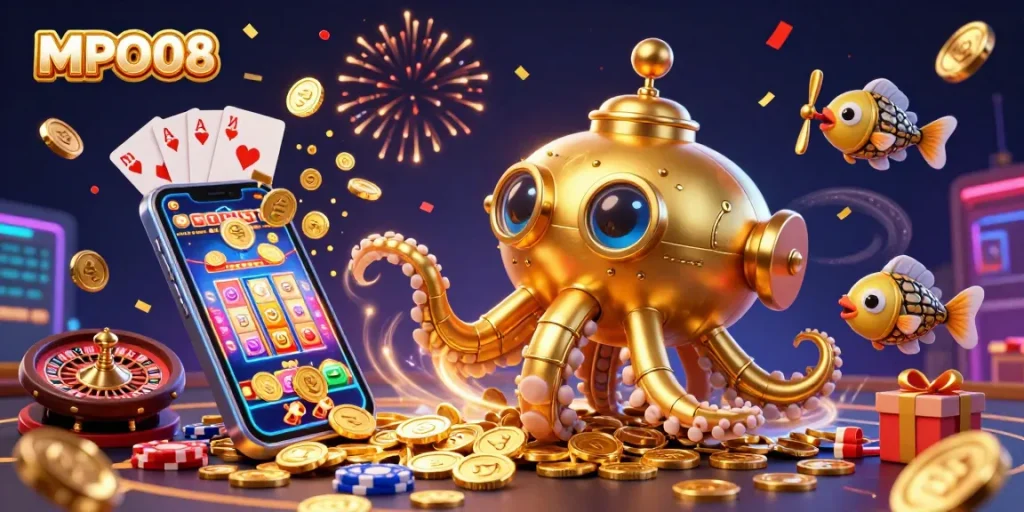 MPO08 showcases a vibrant 3D casino scene with a golden kraken submarine and dynamic gambling elements.