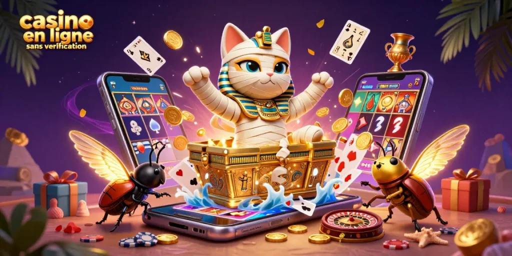 Jouez au casino en ligne sans vérification avec un chat momie et un scarabée dans un casino pyramidal.