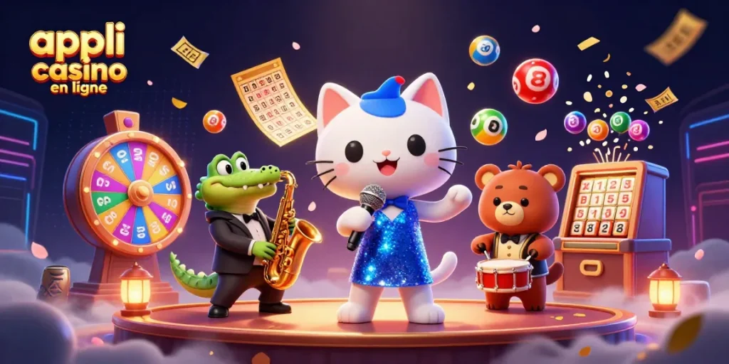 Illustration dynamique de la scène avec des personnages de casino et des éléments de bingo et loterie pour appli casino en ligne.