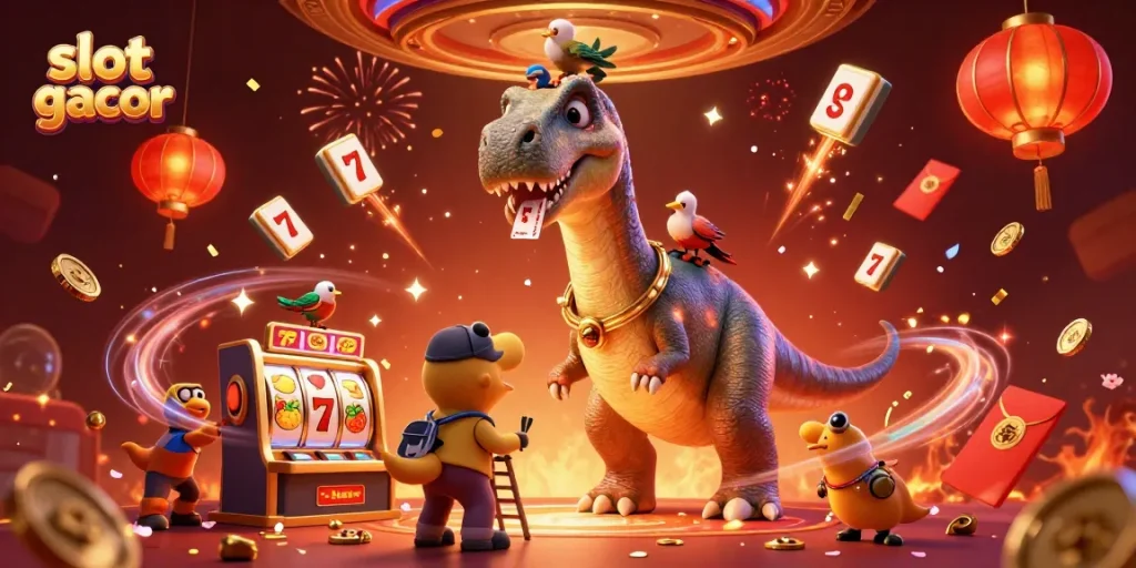 Slot gacor: brontosaurus tinggi menyaksikan permainan mesin slot dengan banyak elemen keberuntungan.