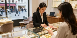 Achat d'or à Bruxelles dans un magasin élégant, consultant aide clients à vendre bijoux en or et argent.