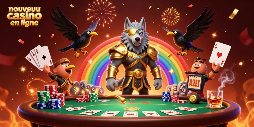 Découvrez l'univers du nouveau casino en ligne avec une illustration captivante de la mythologie nordique et des éléments de jeu.
