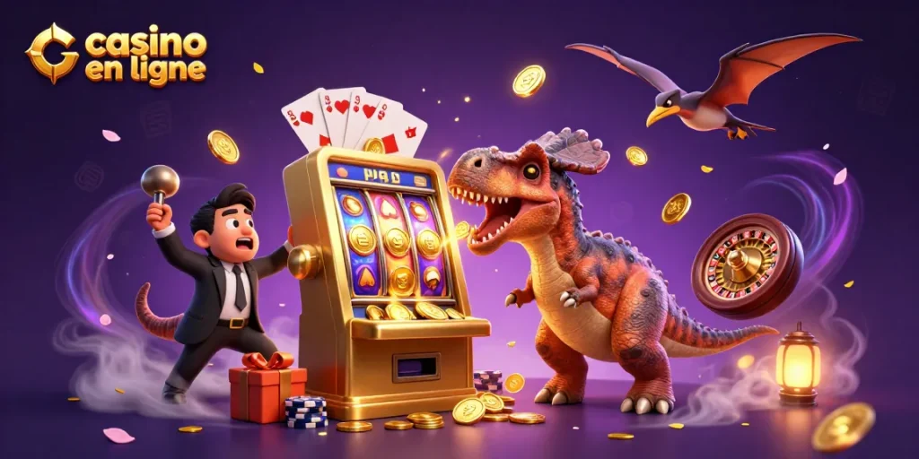 Le casino en ligne présente un dinosaure gagnant face à une machine à sous en or, avec des pièces volantes.