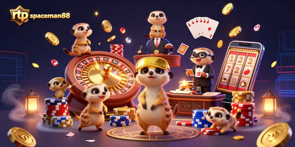Experience the excitement of rtp spaceman88 in a vibrant casino scene with meerkats and flying coins.