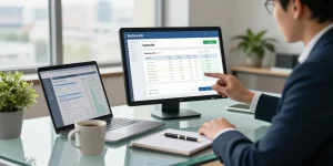 Análisis de datos de la factura ETB en una oficina moderna con un profesional.