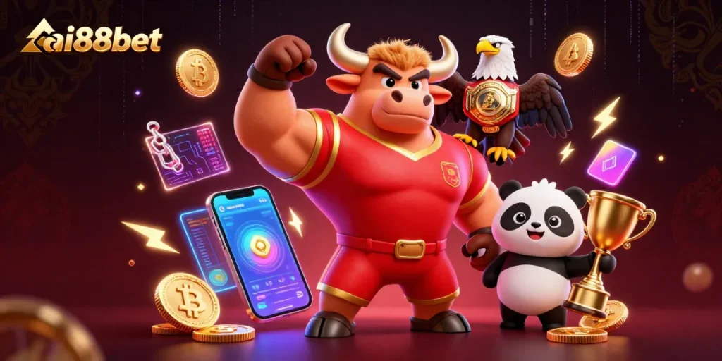 Join ai88bet for thrilling gameplay with a muscular bull mascot and vibrant casino elements.