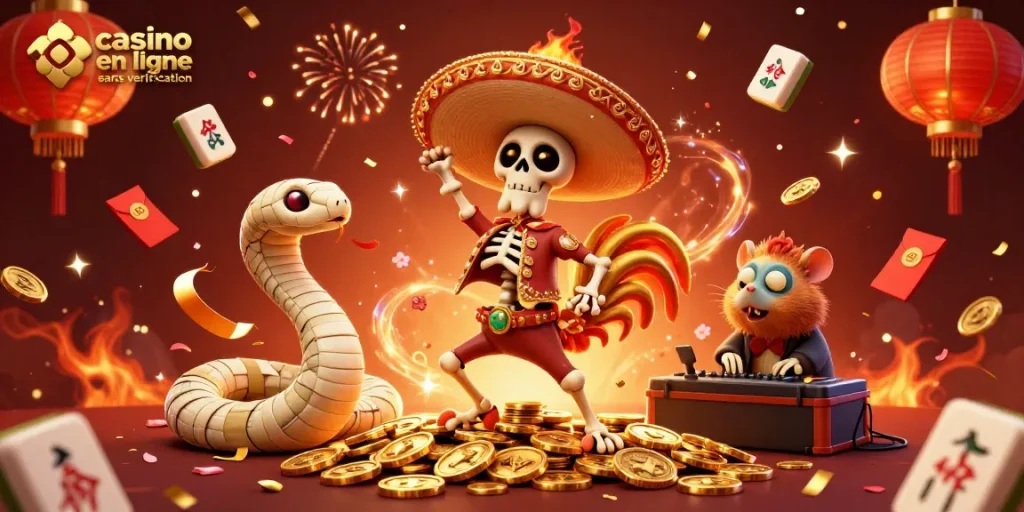Faites l'expérience d'un casino en ligne sans vérification avec un crâne mariachi dansant sur des pièces d'or.