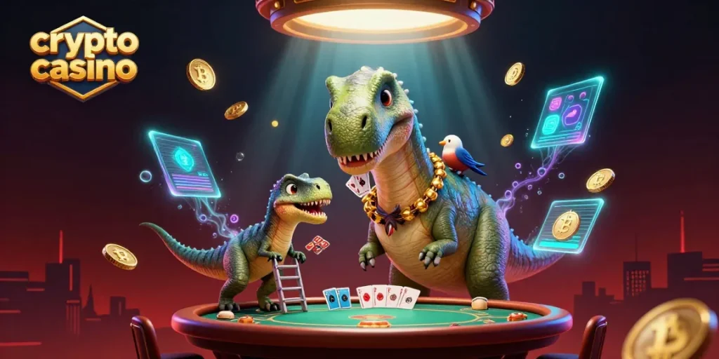 Illustration dynamique mettant en avant un casino crypto avec un brontosaurus et un raptor distribuant des cartes.