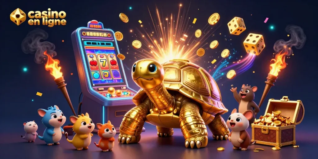 Jouer sur un casino en ligne avec une machine à sous et une tortue géante en 3D