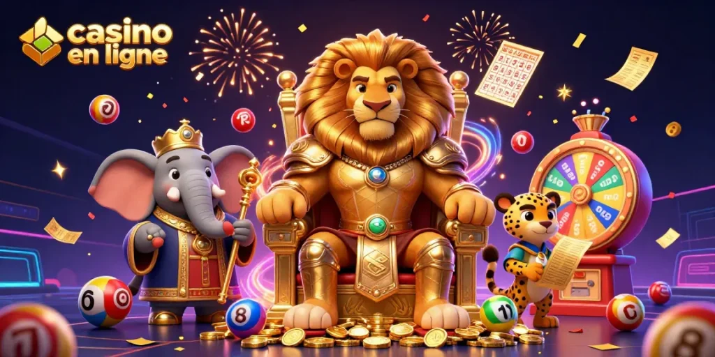 Un lion roi au centre représente l'essor du casino en ligne avec des éléments dynamiques de jeu autour.
