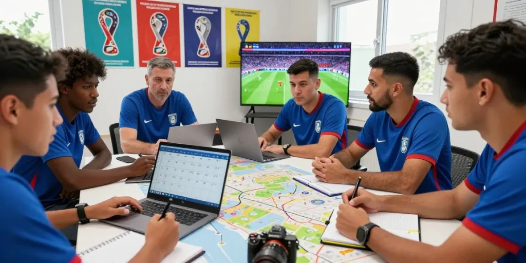 Rapat persiapan jadwal piala dunia 2026 oleh penggemar sepak bola, dengan catatan dan jadwal di meja.