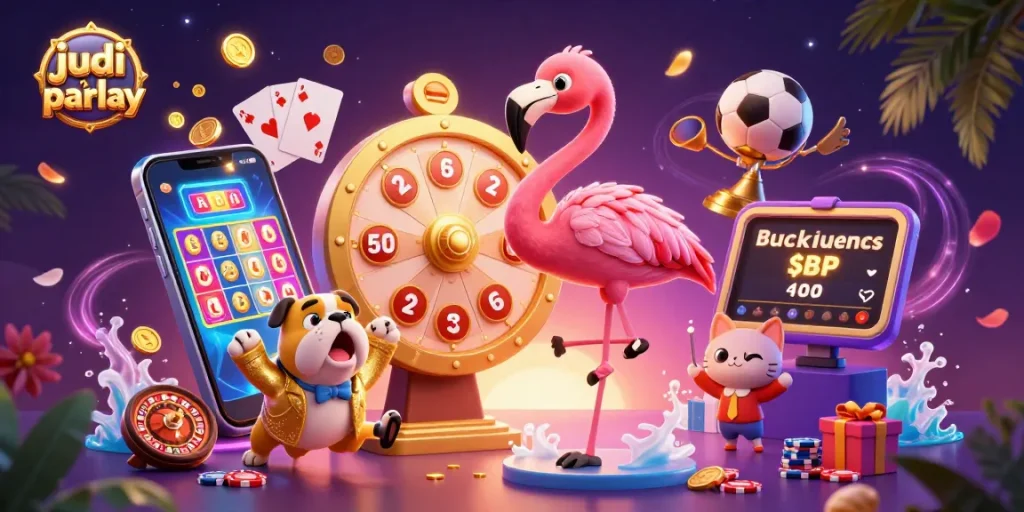 Experience the thrill of judi bola parlay with a lively game show scene featuring a flamingo host and sports elements.