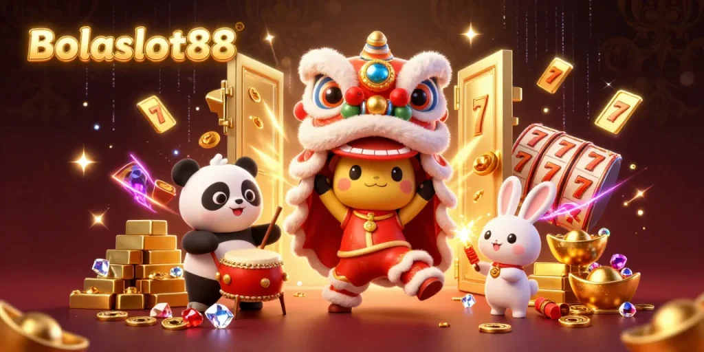 Bolaslot88 showcases a vibrant scene with a lion dance, enchanting characters, and dynamic slot elements.