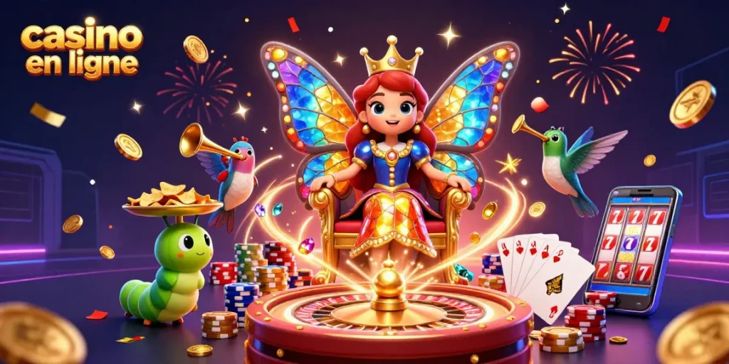Image d'une reine papillon dans un casino en ligne animé, entourée de jetons et de confettis.